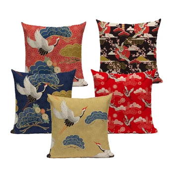 

Pillowcase Animal Throw Pillow Case Asian Style Crane 45*45 40*40 Women Navy Black Decoration Fur Linen Cushion Cover