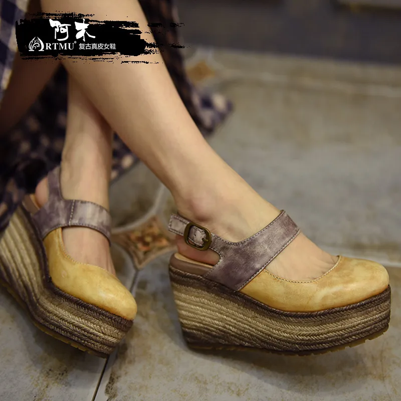

Artmu Original Wedges Sandals Strap Buckle 9 cm High Heels Shoes Platform Genuine Leather Sandals Handmade Summer Fashion