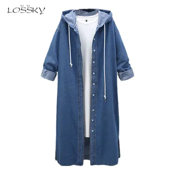 

Lossky Women Hooded Denim Trench Coats Long Sleeve Warm X-long Windbreaker Large Size Autumn Winter Overcoats Clothing Feminino