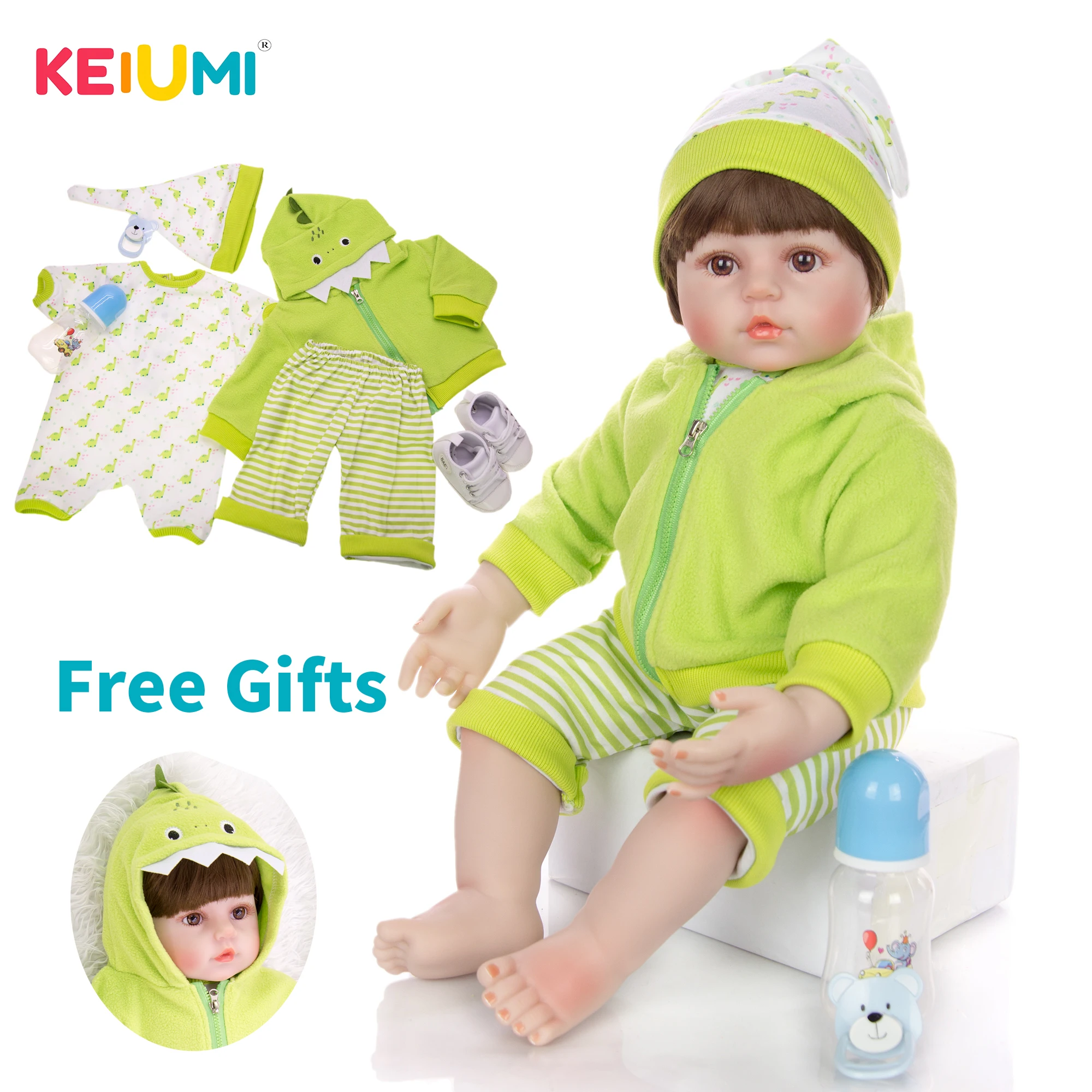 KEIUMI милый ребенок реборн Силиконовый Мультфильм зеленый динозавр куклы 60 см
