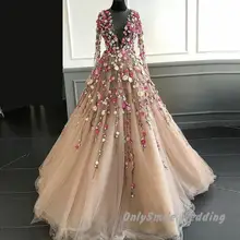 Сказочные 3D цветочные платья для выпускного вечера с цветами длинные Иллюзии декольте длиной до пола Тюль, цвет Шампань с длинными рукавами арабское вечернее платье платья