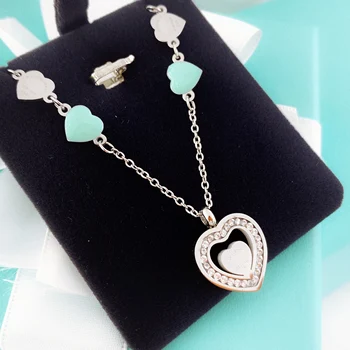 

European and American classic blue and pink pendant necklace and earrings zircon pendant stainless steel 18-karat gold necklace