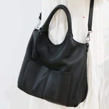 

MESOUL Woman Handbags Genuine Leather Black Totes Female Casual Bucket Style Shoulder Crossbody Bags For Ladies Messenger Bag