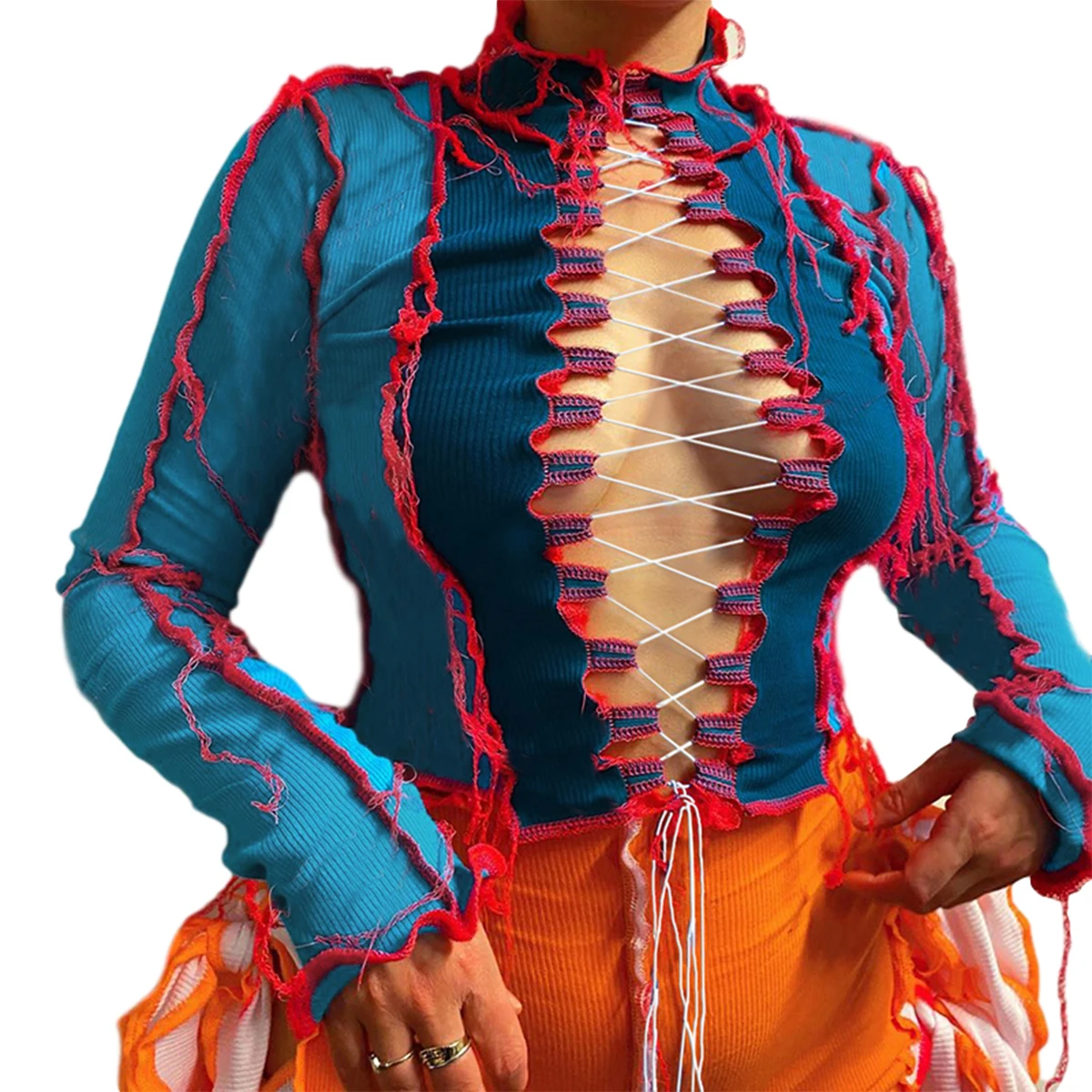 

Women Lace Up Hollow Out Crop Top, High Neck Long Sleeve Stitching Color Block Sexy Blouses