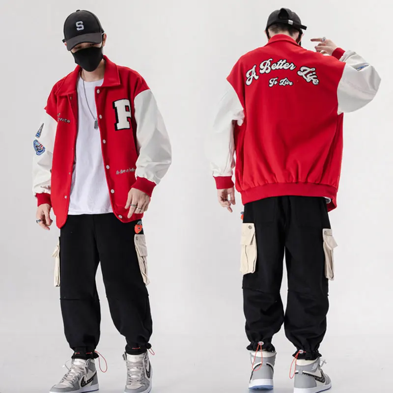 Men's Varsity Uniform Baseball Jacket PU Leather Sleeve Single Breasted Appliques Bomber Jacket Embroidery Patches Casual Coat
