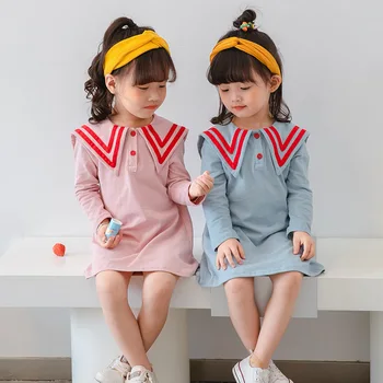 

2020 Girls' Autumn New Academic Style Girl's Long-Sleeved Dress-Style Contrasting Color Strip Lapel Girls' Dress Princess Dress