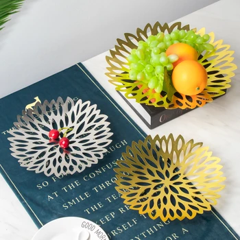 

Nordic Home Light Luxury Metal Wrought Iron Dry Fruit Tray Fruit Holder Candy Snack Tray For Living Room Fruit Bowl Hollow Out