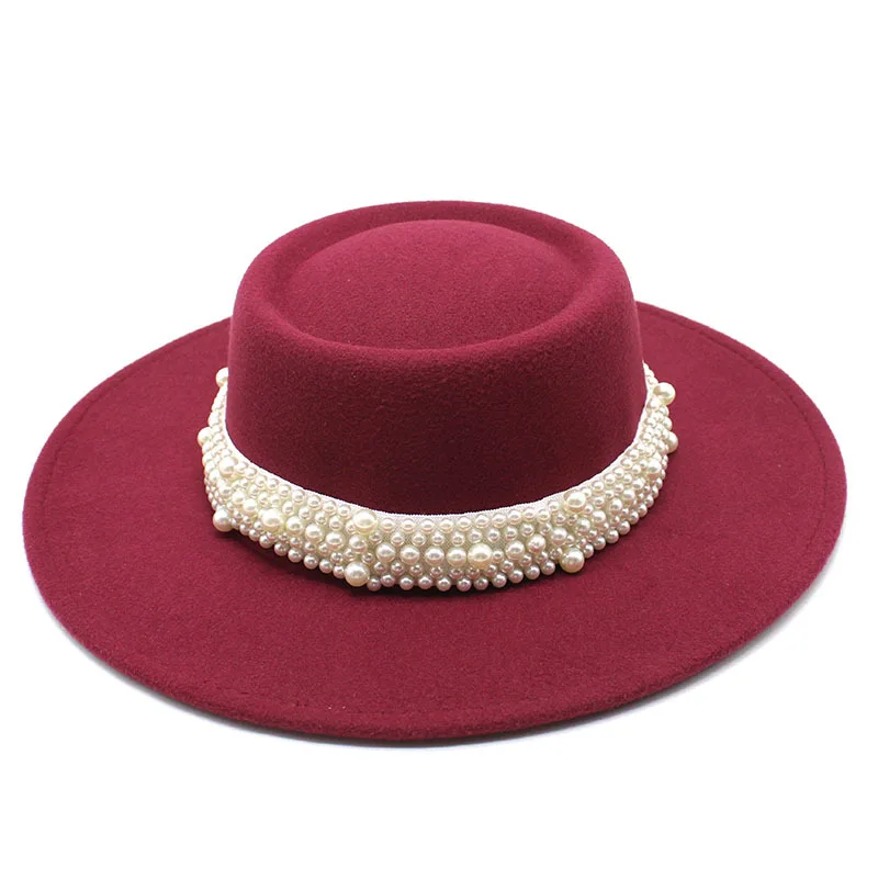 

Round flat hat women's concave-convex top pearl fedora hat autumn and winter wool felt big brim top hat men women flat top hat