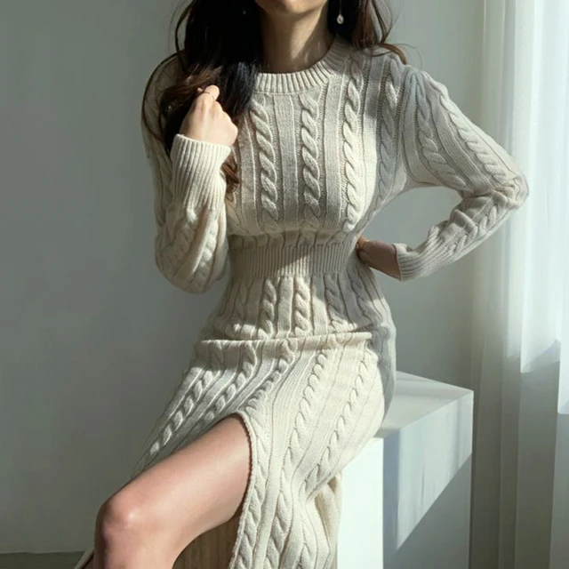 Knitted Sweater Sexy Dress Womens 2021 Autumn Winter Fashion Split