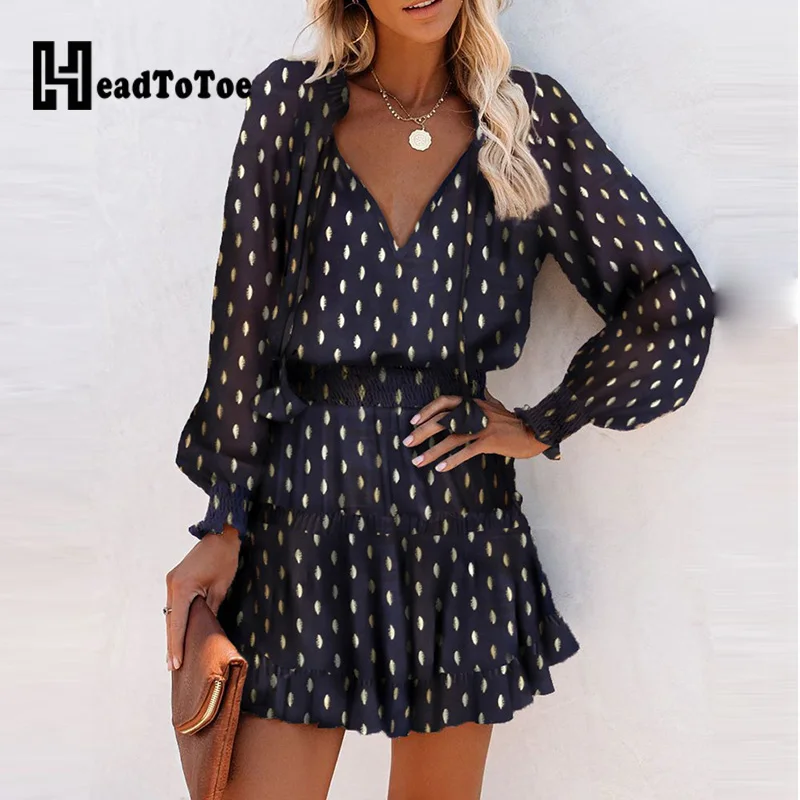 Платье в горошек с рукавами-фонариками рюшами и длинным рукавом | Женская одежда