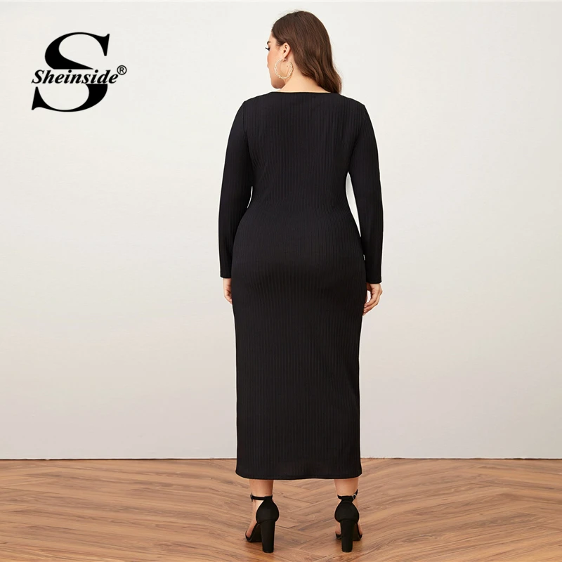 Cena Sheinside Plus Size głęboki dekolt w szpic sukienka ołówkowa kobiet 2019 jesień latarnia rękaw stałe sukienki midi pań Burgundy popędzający sukienka