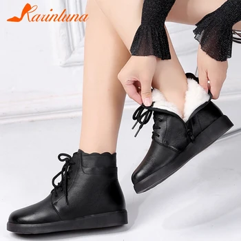

Dropship Karinluna New Arrival shoes woman Casual Cow Leather Wool Warm Round Toe Cross-tied Flats with Winter Non-Slip Boots
