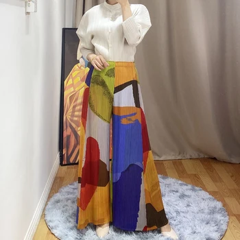

Spring 2020 Colorblock high-rise wide-leg Women's pants Miyak fold Stylish plus size temperament loose thin straight trousers 89