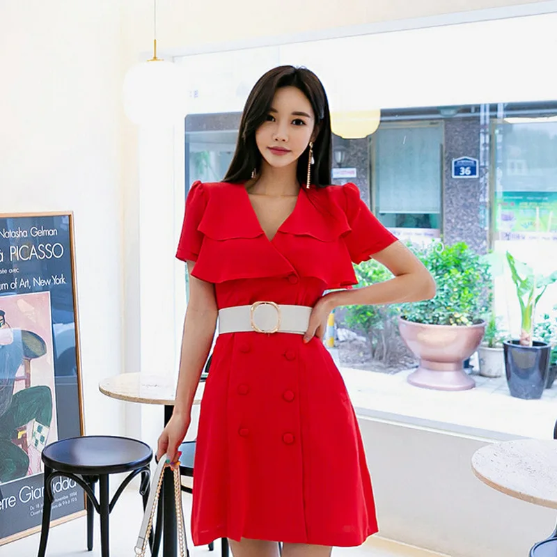 

WOMEN'S Dress 2019 Summer New Style Retro Elegant Flounced Collar Double Breasted Waist Hugging Ladies' Dress