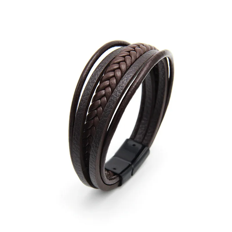 Men Multilayer Leather Bracelet Magnetic-clasp Cowhide Braided Multi Layer Wrap Bangles,bracelet jewelry