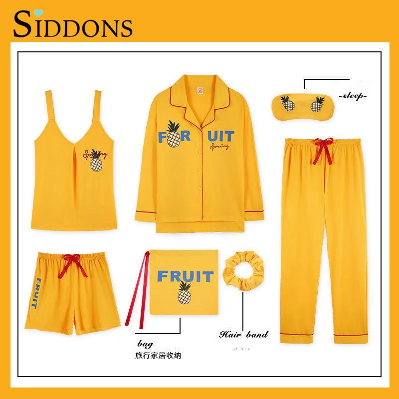 Lovely 7Pieces Set Pajamas Women Homewear Spring Cotton Long Sleeve Turn-down Collar Cardigan Sleepwear Cartoon Female Pyjamas