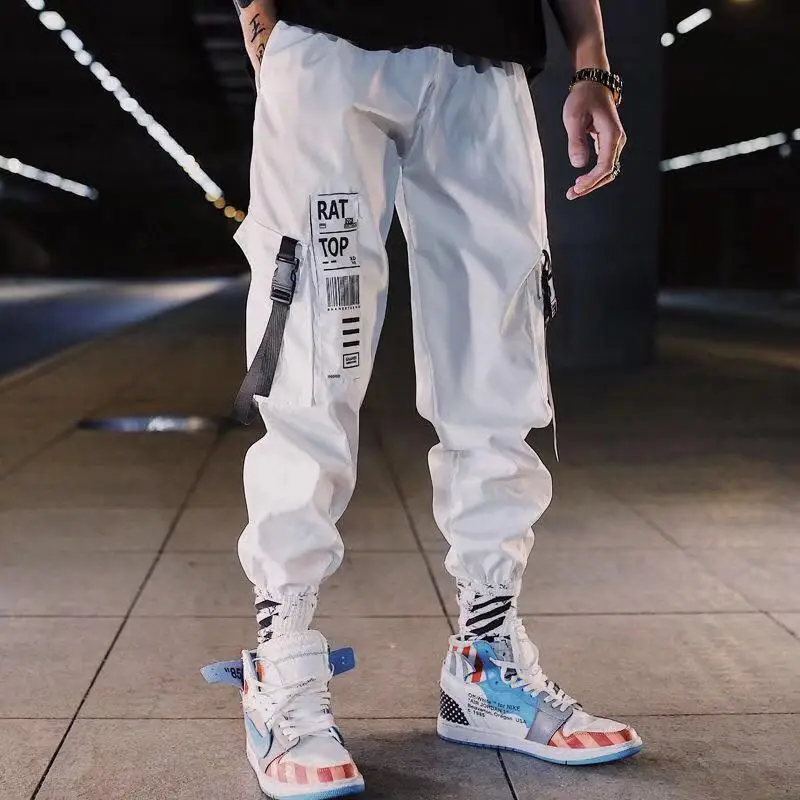 18 Hip Hop Ribbons Cargo Pants Men Joggers Pants Streetwear Men Fashion Mens Elastic Waist Pant Ribbons Cotton Black - Цвет: 18