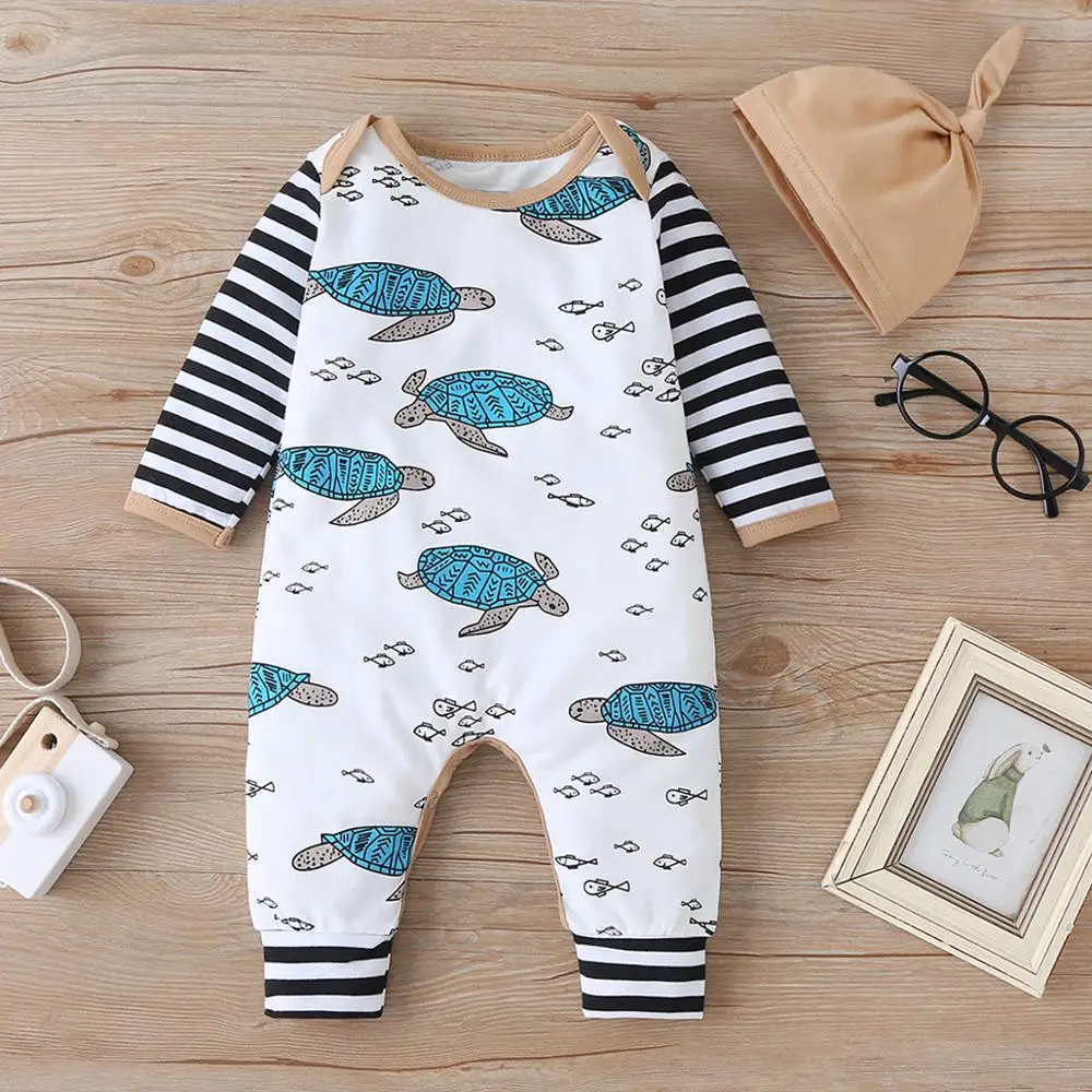 

PatPat 2020 New Autumn and Spring 2-piece Baby Turtle Allover Striped Jumpsuits with Hat Set Baby Boy Clothes