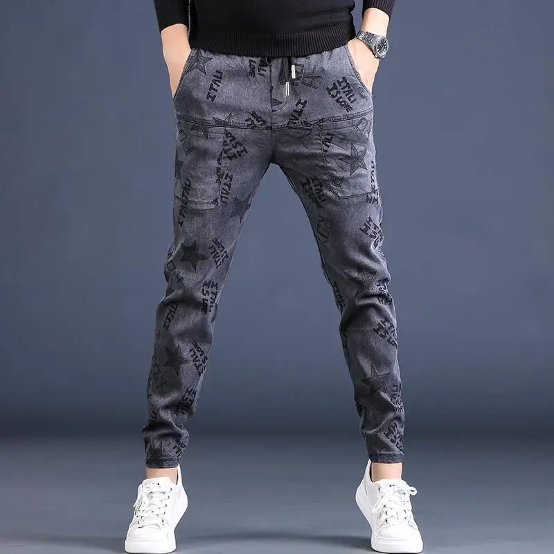 

High quality men’s slim fit full print denim pants street fashion black gray harem pants trendy sexy casual jeans pants;