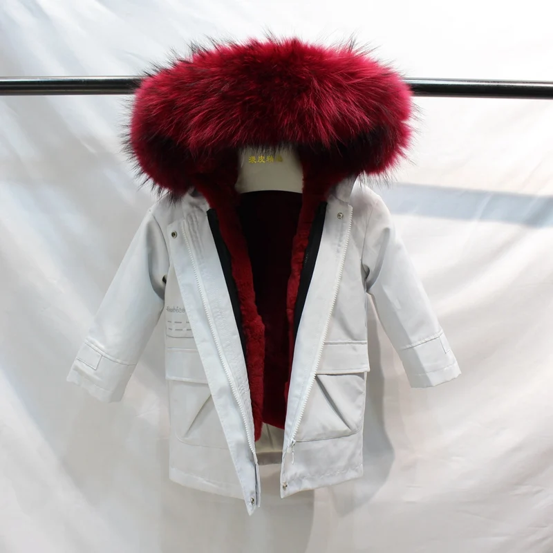 red fur Парки из натурального меха кролика Рекс, куртка для девочек, детская куртка для мальчиков, детские пальто, ветровка с натуральным мехом енота - Цвет: red fur
