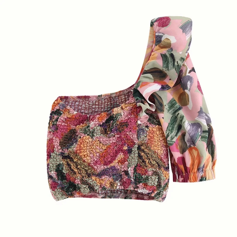 Goede Nieuwe vrouwen een schouder elastische geplooide korte Shirt print blouses vrouwen lanminated ruches roupas femininas chemise shirts LS4068