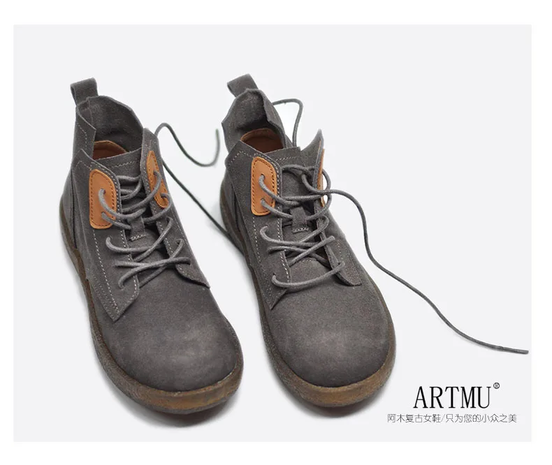 Artmu/ г. Оригинальные осенние полусапожки из натуральной кожи женские мартинсы ручной работы на плоской подошве ботильоны на шнуровке с мягкой подошвой