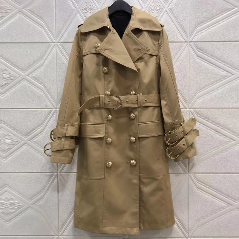 Длинное пальто для женщин, повседневное однотонное двубортное пальто, модная офисное пальто с поясом