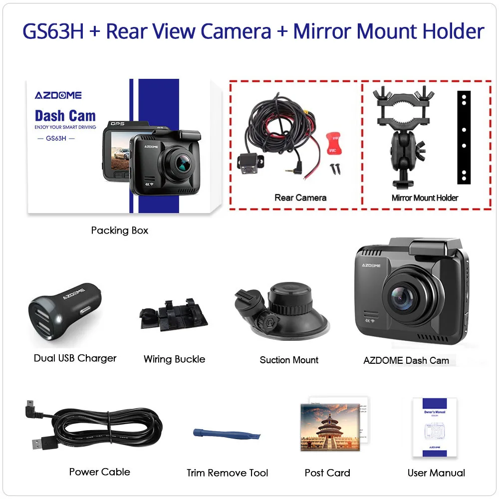 AZDOME Dash Cam GS63H 4K Встроенный gps скорость WiFi Автомобильный видеорегистратор Двойной объектив Автомобильная камера видеорегистратор ночного видения 24H Park - Название цвета: GS63H-RVC-MMH