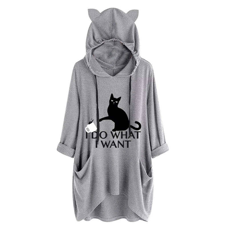 

Oversized Sweatshirt Harajuku Print Hooded Top Women Cute Ears Pockets Loose Hoodies Plus Size Hoody Pullover Sudadera Mujer