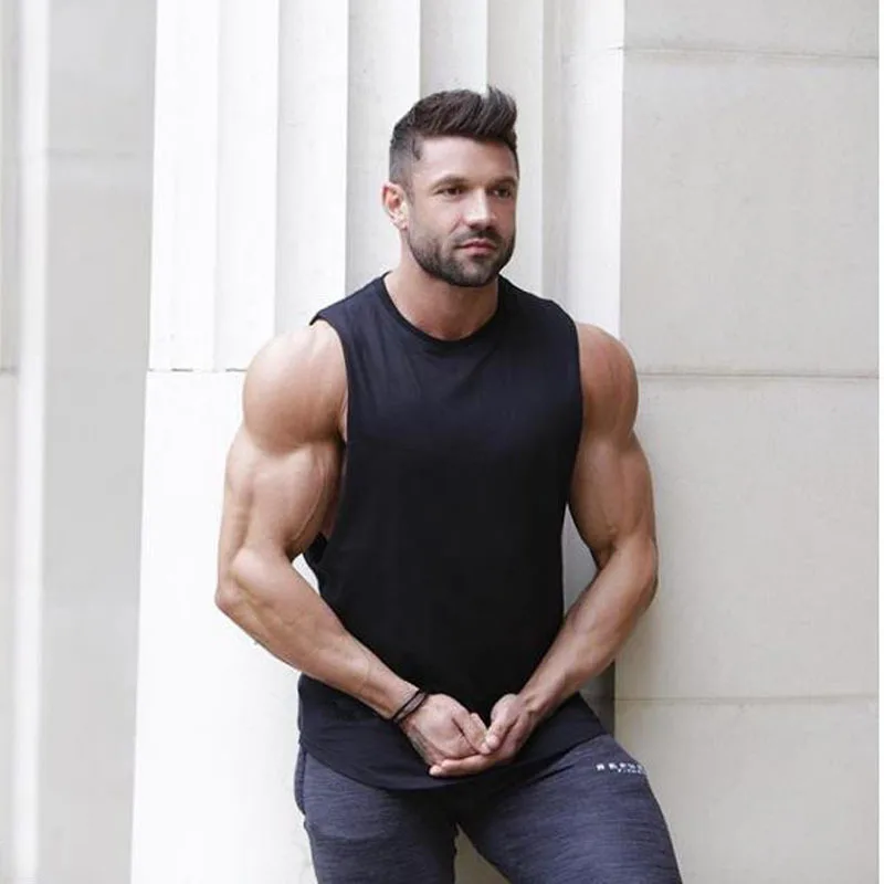 black Summer New style Men Cotton O-Neck Vest Gyms FitnessRunning training tops Male Hight stretch casual breathable clothing - Цвет: black