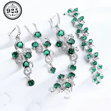 

Wedding Luxury 925 Silver Bridal Jewelry Sets For Women Costume Jewelry Green CZ Bracelet Ring Earrings Necklace Pendants Set