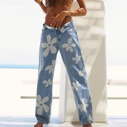 Calças de brim femininas 90s estilo retro azul calças de brim soltas streetwear impressão flor cintura alta reta calças de brim perna larga para senhora