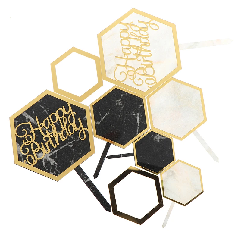INS Marble Acrylic Cake Topper Hexagon Gold Happy Birthday Cake Topper For Kids Birthday Party Cake Decorations Baby Shower