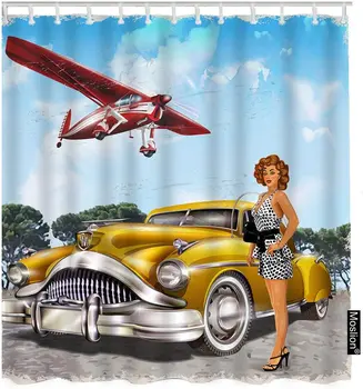 

Retro Car Biplane Pin-up Vintage Attractive Fashion Fantasy Art Sexy Woman Funny Shower Curtain