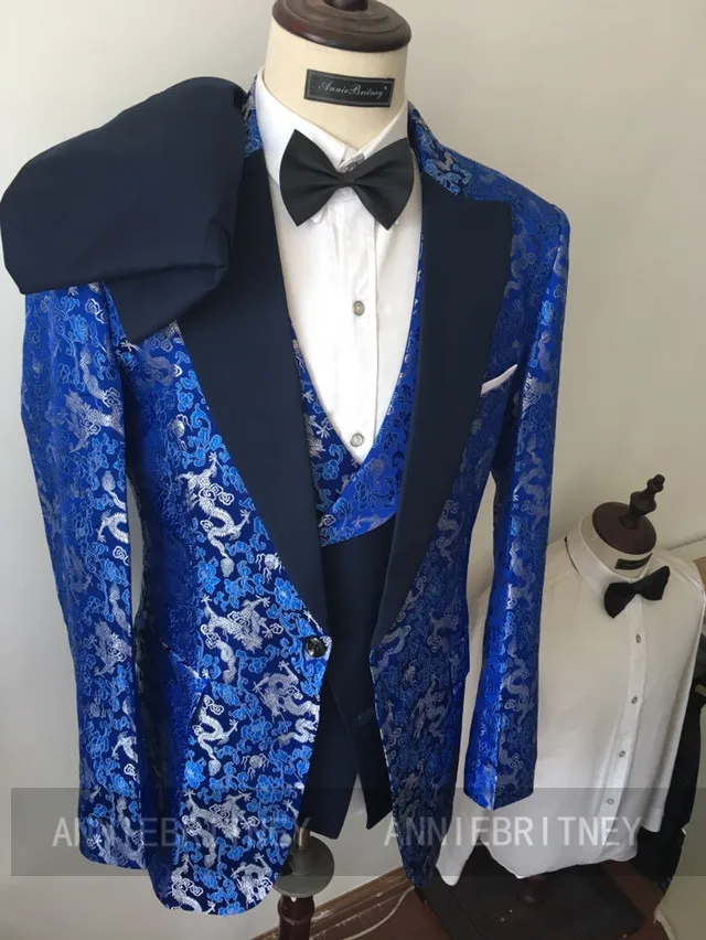 

(Jacket+Pants+Vest) Vitage Fashion Jacquard 3 Piece Groom Tuexdos For Wedding Formal Prom Suit Party Evening Blazer Custom Made