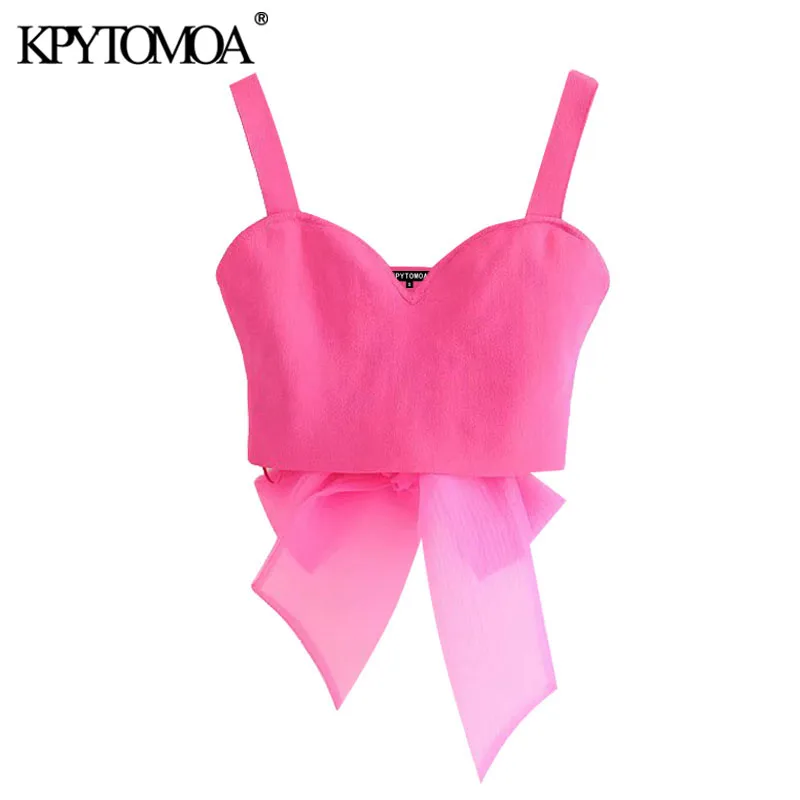 KPYTOMOA Women 2020 Sexy Fashion With Organza Bow Cropped Knitted Blouses Vintage Backless V Neck Straps Female Shirts Chic Tops KPYTOMOA Women 2020 Sexy Fashion With Organza Bow Cropped Knitted Blouses Vintage Backless V Neck Straps Female Shirts Chic Tops