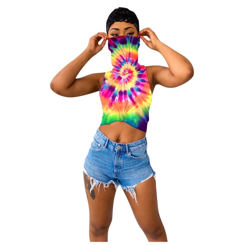 Plus Size Crop Top T Shirt Women Summer Tops 2020 Korean Style Kawaii Clothes Tie Dye Print Casual Tshirt with Mask | Женская одежда