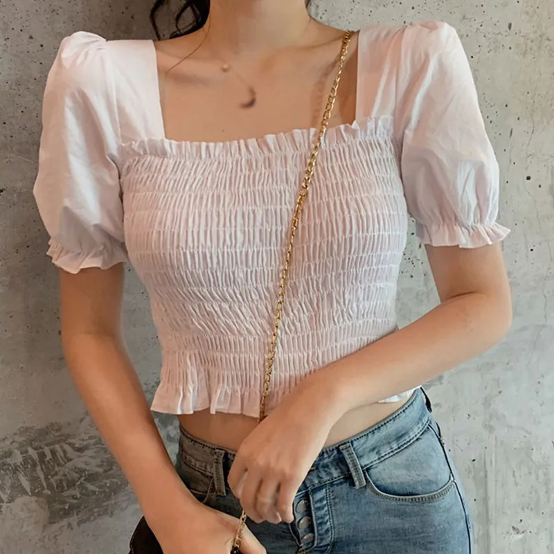 Blusa de manga corta con cuello cuadrado para verano, Camisa Sexy con ombligo descubierto para mujer, versión coreana, gran oferta, S-L