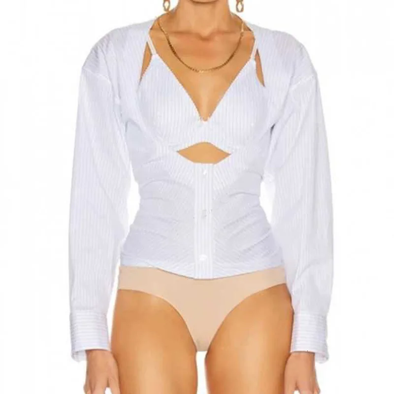 spring fashion sexy hollow fake two pieces of wild slim slim stripe one-piece shirt women