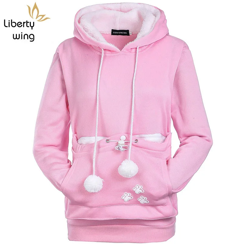 

Kawaii Fur Lining Pet Pockets Womens Pullover Casual Harajuku Hoody Sweatshirt Long Sleeve Autumn Loose Fit Top Moletom Feminino