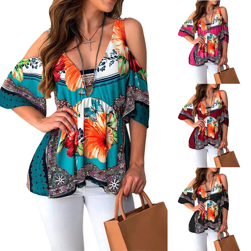 Women Shirt Casual Summer V-Neck Boho Blouse 2019 Short Sleeve Cold Off Shoulder Loose Tops Floral Print Shirt Plus Size Blouse