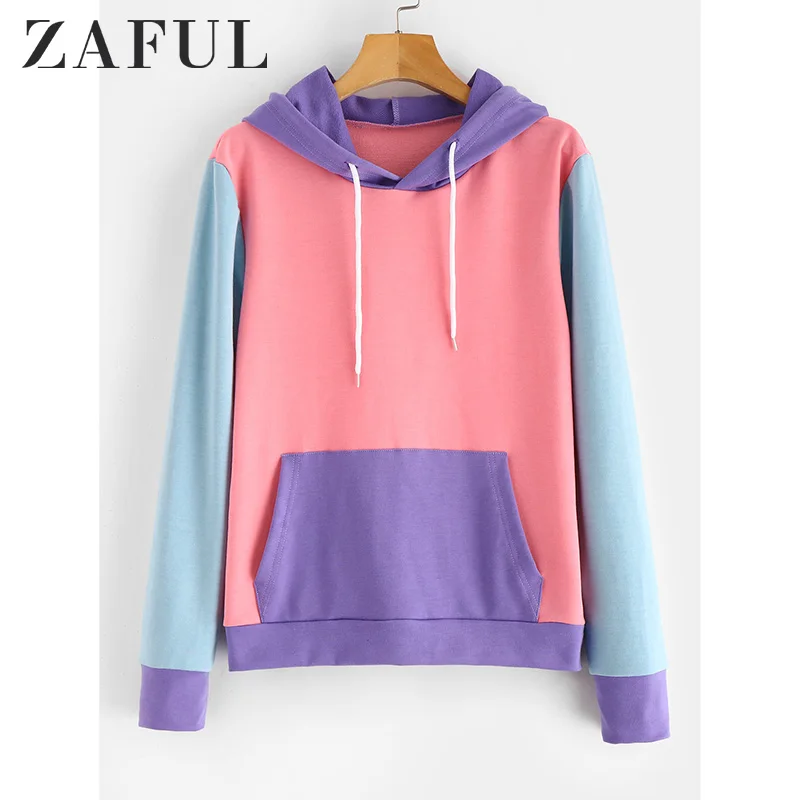 ZAFUL, Женская толстовка с цветными блоками, на завязках, с передним карманом, толстовка с капюшоном, Женская толстовка с капюшоном, контрастная, с фламинго, розовая