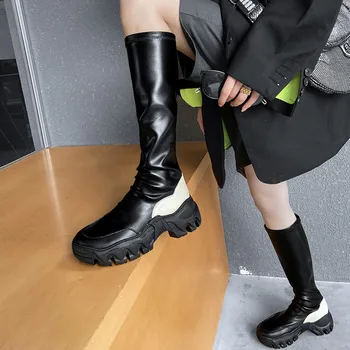 

2020 New Stretch Women Boots Cowhide Thick Bottow Riding Boots Knee-High Mixed-Color Shake Shoes INS Hot Sale Botas Feminina 5CM