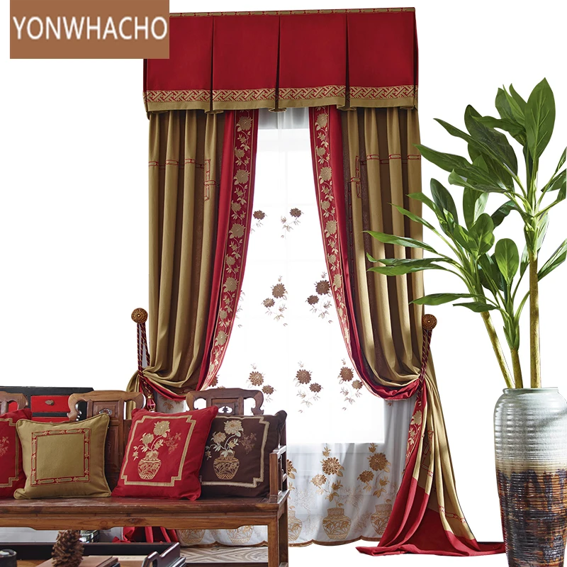 Custom curtains luxury stitching living room embroidered gold red thick velvet cloth blackout curtain valance tulle panel B573