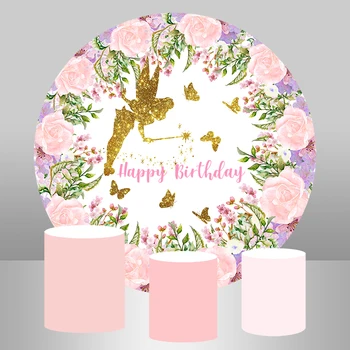 

Round Pink Flowers Gold Glitter Fairy Butterfly Backdrops Circle Girls Baby Shower Birthday Party Backgrounds Custom