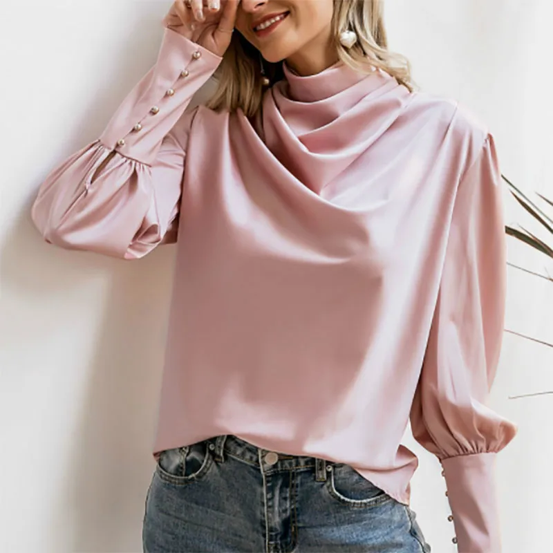 Women Shirts Autumn Lantern Long Sleeve Vintage Turtleneck Pleated Luxury Shirt Pink Satin Elegant Office Ladies Party Shirts