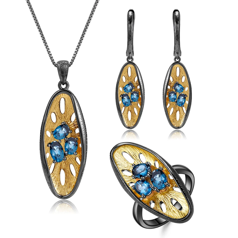 GEM'S балетные 925 пробы, серебряное кольцо, серьги, кулон, наборы, натуральный Лондон, голубой топаз, набор ручной работы, Женские Ювелирные изделия