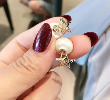 

All-match temperament simple color zirconium five-pointed star pearl earrings
