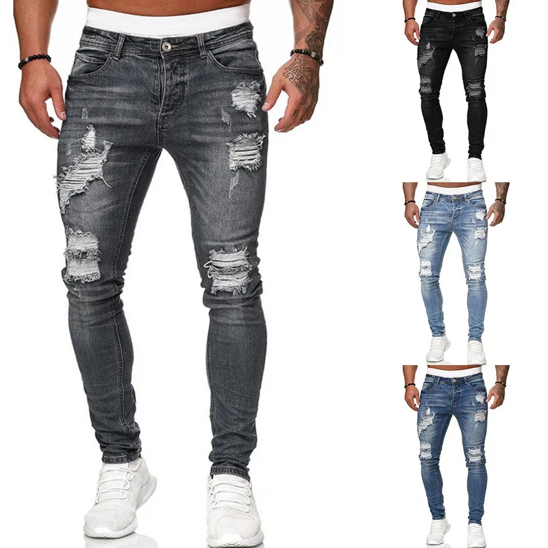 New Adisputent Men's Sweatpants Sexy Hole Jeans Pants Casual Summer Autumn Male Ripped Skinny Trousers Slim Biker Outwears Pants 2