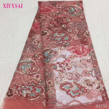 

Latest African Lace Fabric Peach French Mesh Sequins Lace Fabric Nigerian Lace Fabric For Wedding Dress SL1233